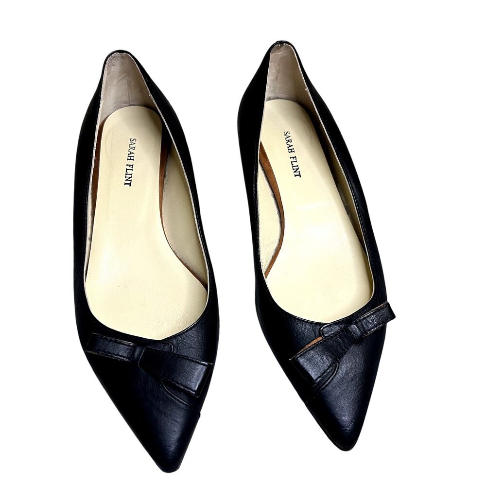 Sarah Flint Black Pointed-Toe Bow Flats - Sleek Leather Loafers